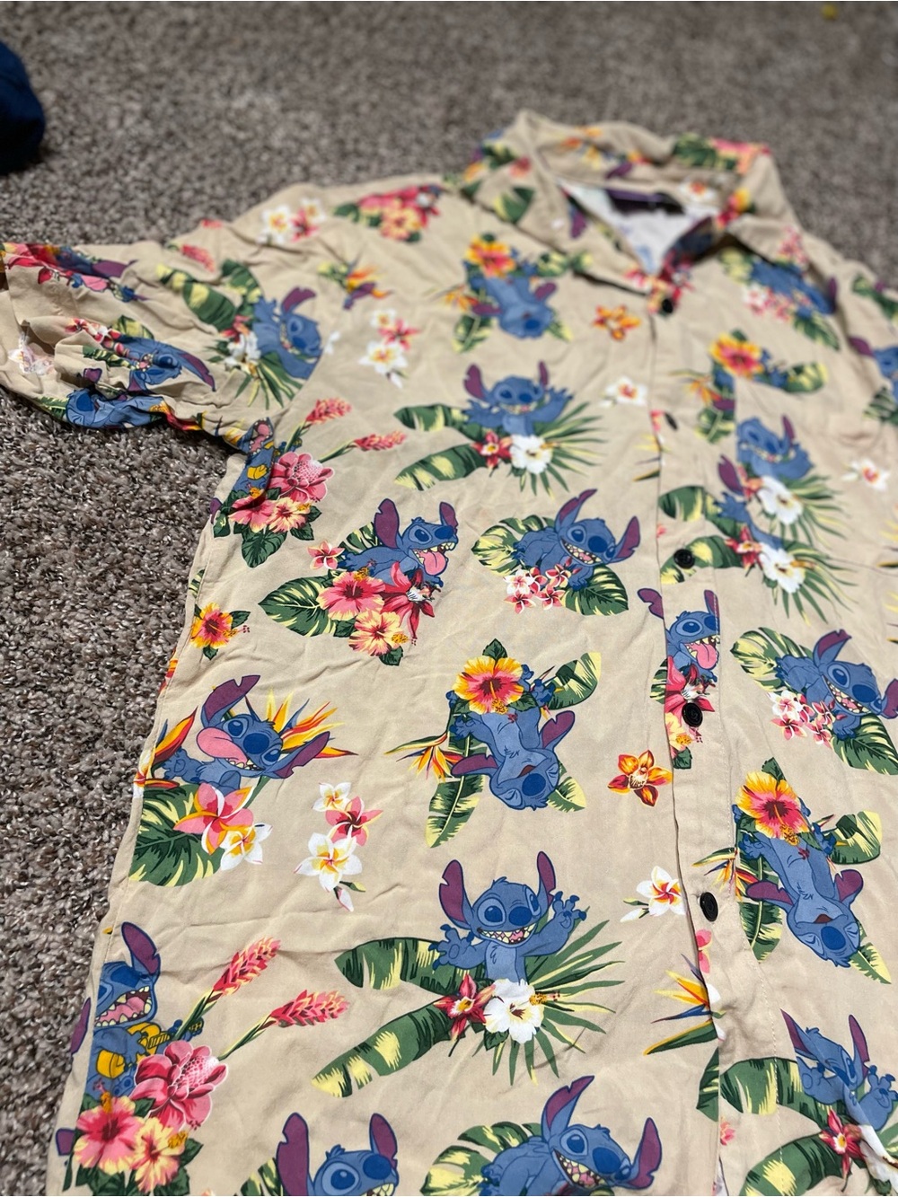Disney Beige Hawaiian Button-Down Shirt with Blue Stitch Print - Picture 1 of 4